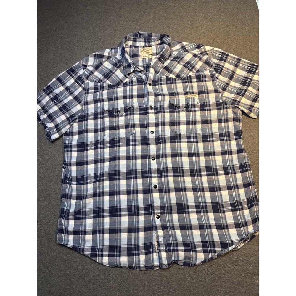Lucky Brand Mens Blue Plaid Short Sleeve Western Pearl Snap Shirt XL Regular Fit